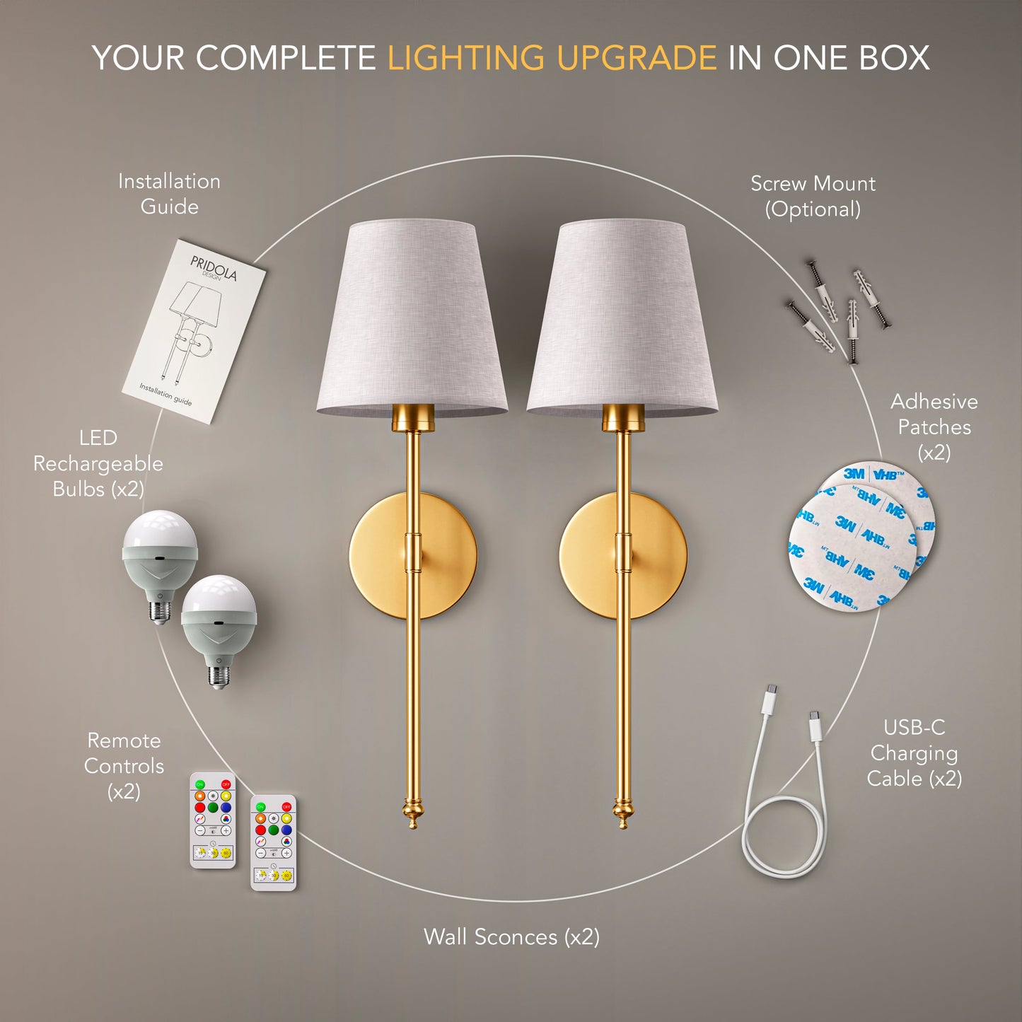 APPLIQUE MURALE SANS FIL (ENSEMBLE DE 2 + 2 AMPOULES INCLUSES)